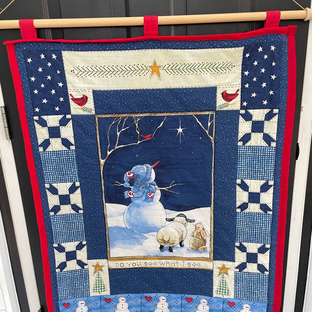 New Snowman Quilt/tapestry ready to hang “ Do you see what I see?”